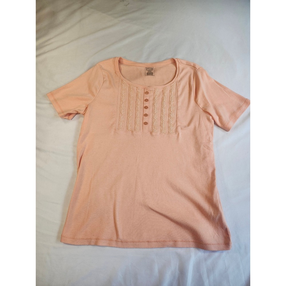 Hasting & Smith Petite Peach Lace Bib Button Front Short Sleeve Top PM